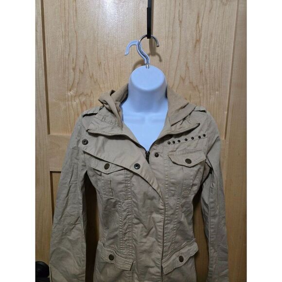 Womens Beige Utility Jacket Hood Snap Buttons Stud Detail Lightweight Casual S - Picture 6 of 16